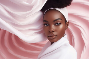 A portrait of a young and beautiful black  woman wearing a white top with natural Afro hairstyle isolated  on a pink background with an abstract texture pattern. Generative AI.