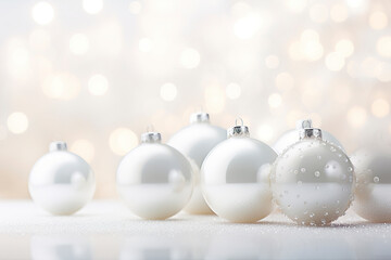 Christmas white balls against the blur light background of New Year's bokeh, Christmas and New Year background, Greeting card, banner. Christmas decoration, New Year's decorations on blur background.