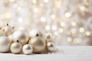 Christmas golden balls against the blur light background of New Year's bokeh, Christmas and New Year background, Greeting card, banner. Christmas decoration, New Year's decorations on blur background.