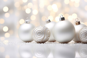Christmas white balls against the blur light background of New Year's bokeh, Christmas and New Year background, Greeting card, banner. Christmas decoration, New Year's decorations on blur background.