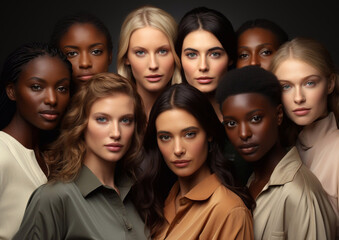 Obraz premium Group portrait of diverse young natural multiethnic and multicultural women.Macro.AI Generative.