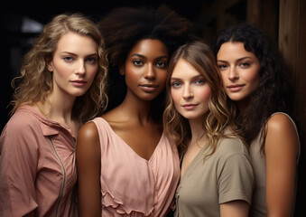 Fototapeta premium Group portrait of diverse young natural multiethnic and multicultural women.Macro.AI Generative.