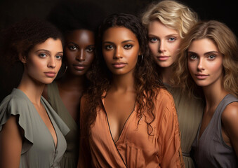 Obraz premium Group portrait of diverse young natural multiethnic and multicultural women.Macro.AI Generative.