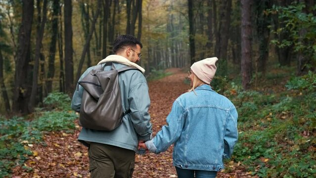 Rear view of couple spending time together walking in forest at morning.