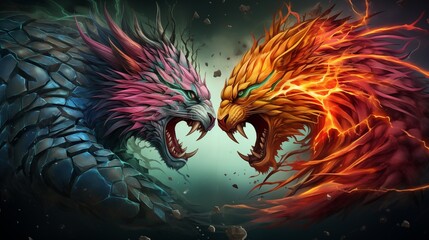An epic battle scene between two monsters. Digital concept, illustration painting.