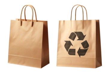 Brown eco-friendly recyclable shopping paper bag on white, transparent background. Mockup