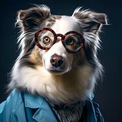 close up of a dog wearing glasses
