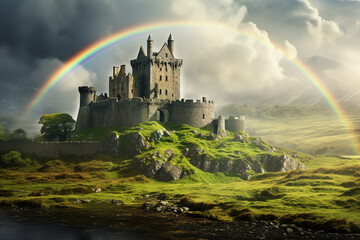 Venture into a scene featuring a stone-constructed Irish castle against a misty horizon. A vibrant rainbow emerges post-rain, leading to a treasure chest, capturing the fantastical spirit of St. Patri - obrazy, fototapety, plakaty