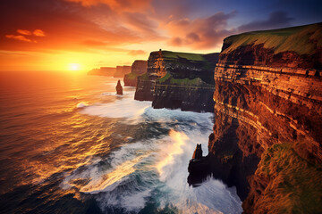  Stand atop Ireland's iconic Cliffs , as the setting sun paints the sky and roaring waves declare the nation's undying pride.