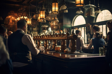 Step inside a traditional Irish pub, where the rich wooden bar counter is abuzz with patrons joyfully raising their stout beer glasses, all set to the backdrop of lively folk tunes and enveloped in a  - obrazy, fototapety, plakaty