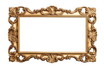 Old wide ornamental baroque picture frame gold color on cutout PNG transparent background