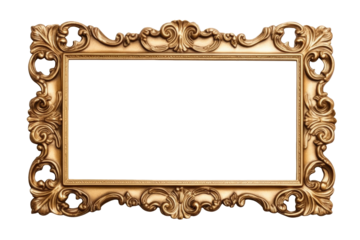Old wide ornamental baroque picture frame gold color on cutout PNG transparent background