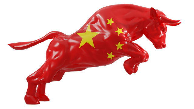 A charging bull with China flag on transparent background representing China bull stock market. 3d rendering