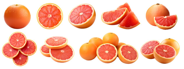 Grapefruit grapefruits citrus, many angles and view side top front sliced halved group cut isolated on transparent background cutout, PNG file. Mockup template for artwork graphic design