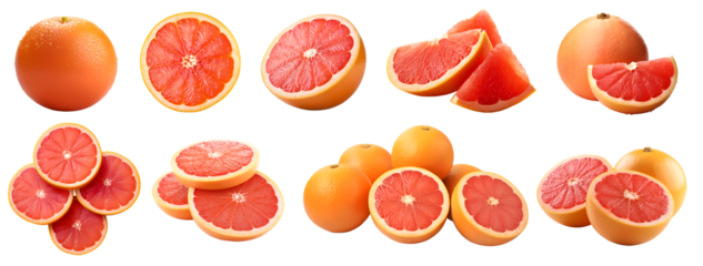 Grapefruit grapefruits citrus, many angles and view side top front sliced halved group cut isolated on transparent background cutout, PNG file. Mockup template for artwork graphic design