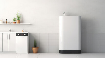 Modern home gas boiler, water heater. An isolated gas stove on wall background. Water heating, ecology. Concept lifestyle.