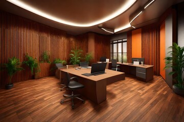  an office room , and reception,  with hardwood flooring, with orange and green background, light mode