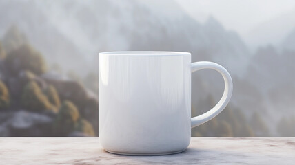White Mug Mockup Against the Background of Blurred Lights. Empty mug mock up for brand promotion.