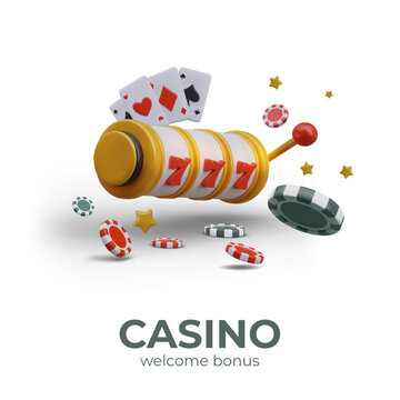 3D slot machine with three sevens jackpot, poker chips, deck of cards, stars. Color composition on white background with shadows. Realistic concept of entertainment, winning, luck. Casino advertising