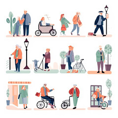 Fototapeta premium Volunteers helping older people concept Flat vector illustration daily activities working AI Generated