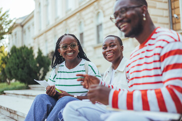  multi ethnic group of university students are hanging out outdoors on campus. Diverse group of young people laughing together.  Friendship, unity and millennial colleagues concept