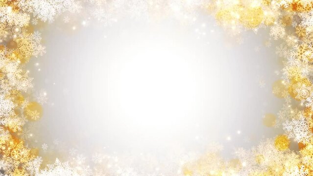 Elegant light and shiny Christmas background with a looped animated golden snowflakes frame and copy space
