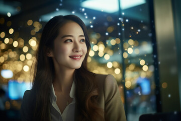 Obraz premium Young technologist woman standing against Modern Office, She is Beautiful Asian young woman in business clothing smile white working. Generative AI..