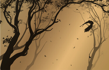 Vector landscape with a flying owl	 - 680948870