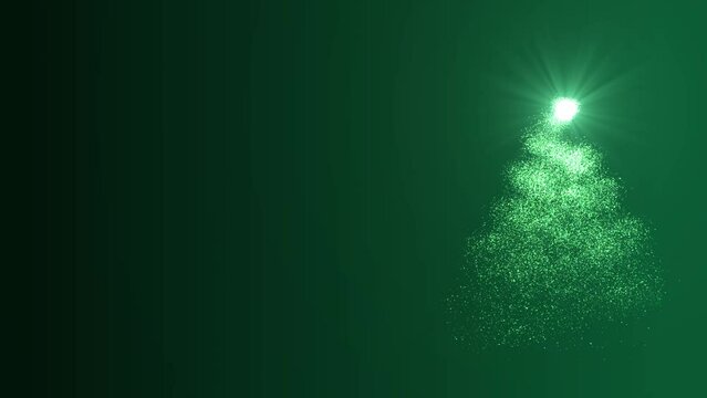 A bright light source draws a Christmas tree made of green particles on a gradient green background. Animation for Christmas holiday .