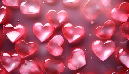 valentine's day background featuring three-dimensional glossy transparent hearts shape, pink color 