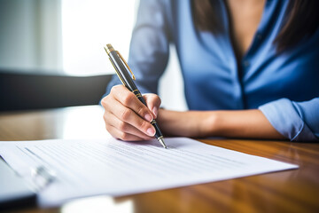 Businesswoman or lawyer signing contract, mortgage or investment professional document agreement