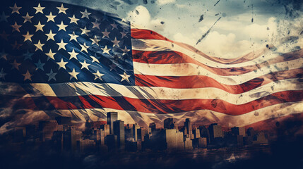 illustration of the american flag waving proud over the nation - obrazy, fototapety, plakaty