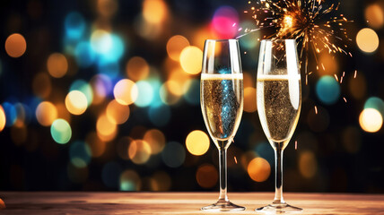 Festive atmosphere of New Year's parties, weddings or anniversaries. Two wine glasses for champagne with Sparkling drink, with bokeh on background in the nighttime sky.Banner with copy space