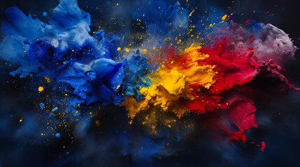 Obraz na płótnie Canvas blue,pink,yellow flow of liquid explosion abstract colors background banner for copy space