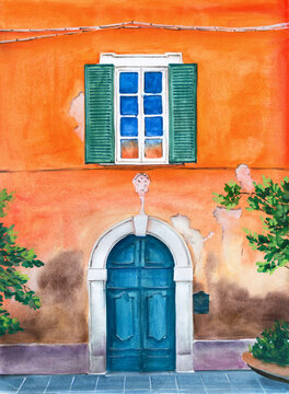 Watercolor illustration of the facade of an old house with bright orange stucco, a window with turquoise shutters and a turquoise door under an arched vault