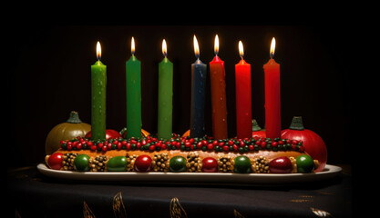 Happy kwanzaa greeting card with decoration of Mishumaa Saba seven candles in red, black and green colors. Kwanzaa holiday greeting card banner with African traditional candles on black background