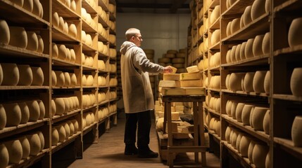 A farmer turns over cheese heads on wooden shelves in the cheese maturation storage.  - obrazy, fototapety, plakaty