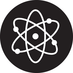 Atom icon. Molecule nucleus science vector symbol. physics nuclear research sign. electron, proton, or neutron chemistry icon in black filled style isolated on transparent background.