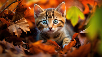 Naklejka na ściany i meble Little kitten in the wild forest. Kitty in autumn. Autumn cat portrait. Cute kitten in autumn forest