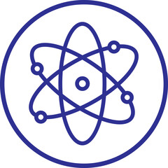 Atom icon. Molecule nucleus science vector symbol. physics nuclear research sign. electron, proton, or neutron chemistry icon in blue Line style with editable stock isolated on transparent background.