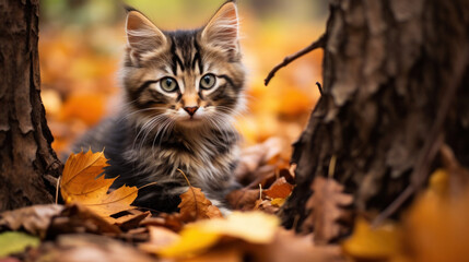 Naklejka na ściany i meble Little kitten in the wild forest. Kitty in autumn. Autumn cat portrait. Cute kitten in autumn forest