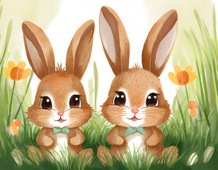 Two cute fluffy Easter bunnies in a park, illustration