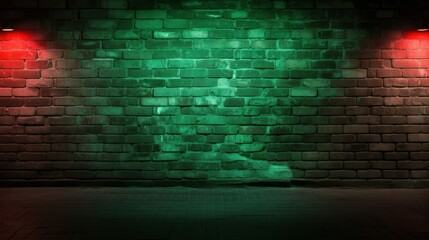 Brick wall texture pattern, green, and red background, spotlights reflection on the floor 