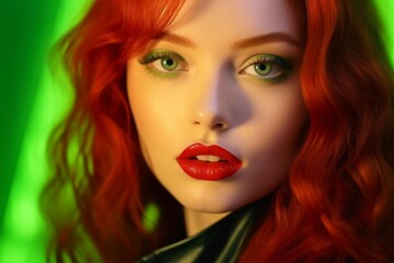 Fototapeta premium Portrait of attractive young ginger woman with perfect makeup isolated on neon green background