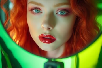 Attractive young ginger woman with perfect makeup looking into a colorful-backed makeup mirror