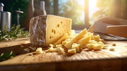 cutting cheese with a knife on a chopping board  - obrazy, fototapety, plakaty