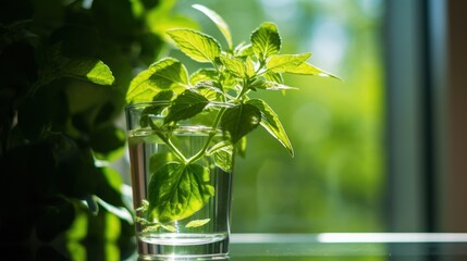  green plants in a glass of water placed by a window 