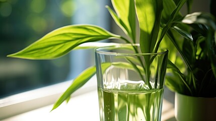 green plants in a glass of water placed 