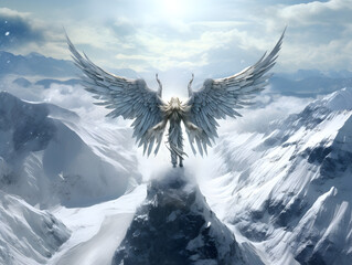 Majestic Winged Creature Hovering Over Snowy Mountains - Angelic Fantasy Bird in Frosty Landscape, Concept of Freedom and Mythology - obrazy, fototapety, plakaty