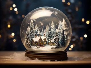 Fototapeta na wymiar Winter Wonderland Snow Globe with Cozy House and Trees - Holiday Season Warmth and Home Comfort Concept, Festive Decoration Background